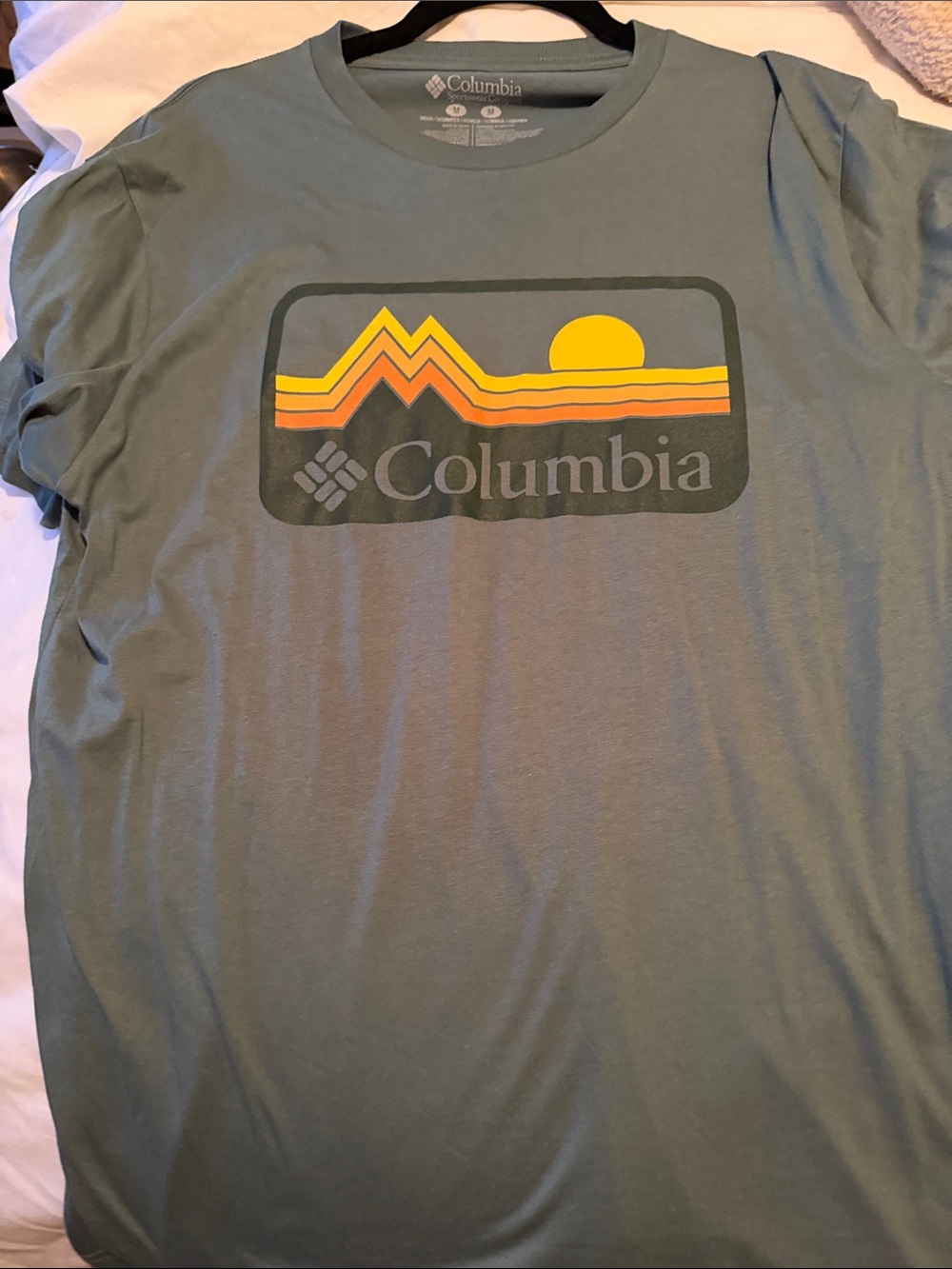 Columbia women  Graphic Tee in Sage Green with Yellow-Orange Accent